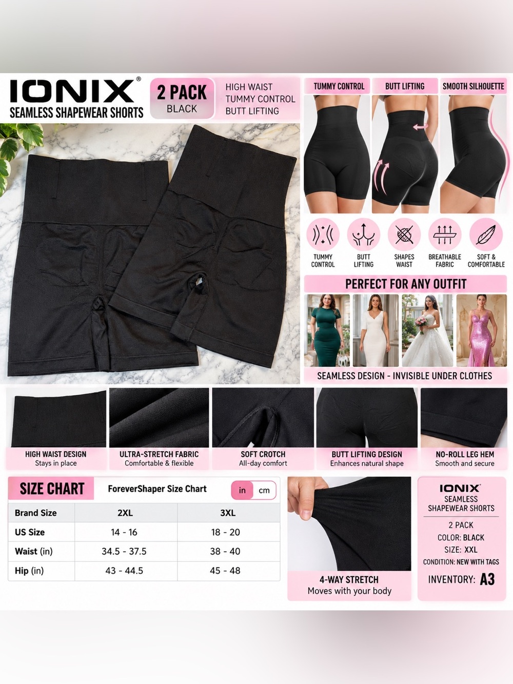 IONIX Seamless Shapewear Shorts – Black – Size XXL – 2 Pack – New With Tags – A3